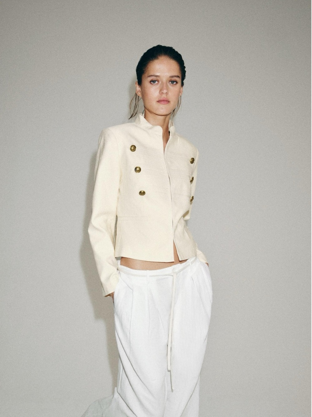 Zara Cream Double-Breasted Military Jacket